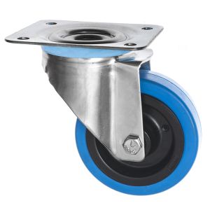 Stainless Steel Swivel Castors 100mm Blue Rubber 