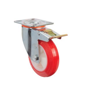 80mm Pressed Steel Castors with Red Polyamide Wheel and Directional Brake