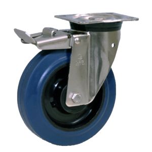 Braked Swivel Zinc Plated Steel Caster with Blue Elastic Wheel LAG 150mm